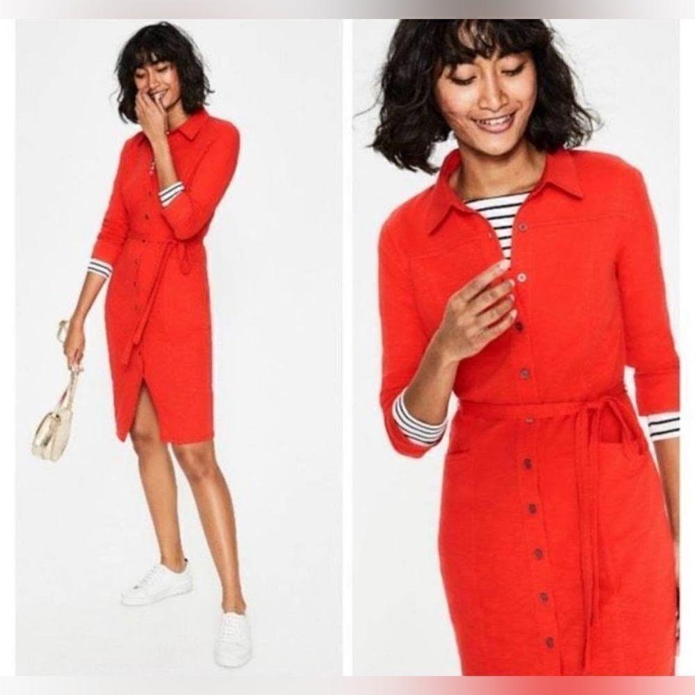 Boden Tara jersey shirt dress Cherry red button front belted 10L preppy